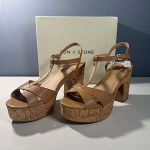 Sun + Stone Womens Tan Cork Platform Block Heel T-Strap Sandals Size 11